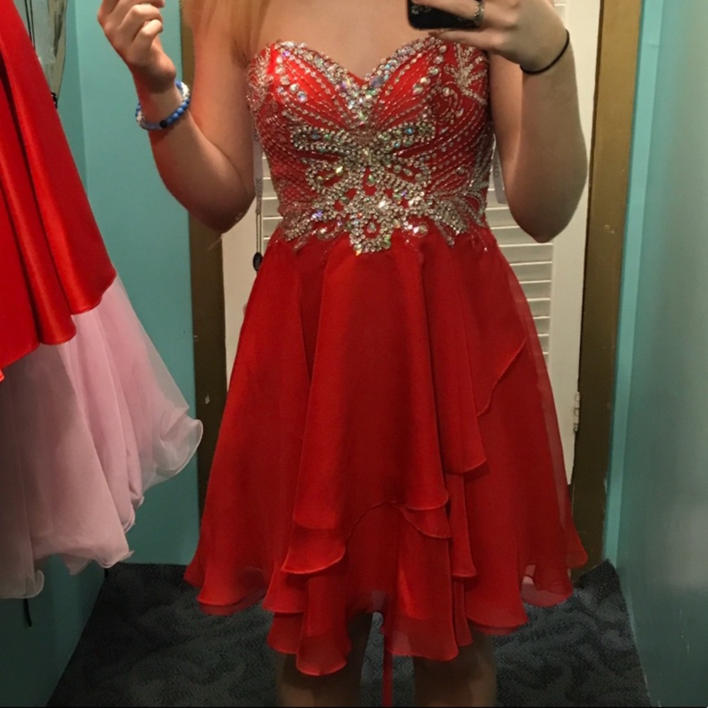 strapless red clarisse prom dress